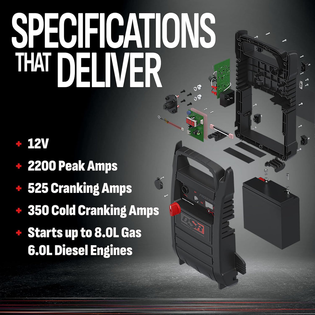 DSR Proseries Car Battery Jump Starter - 2200 Peak Amp 12V Car Starter, Jump Box & Portable Power Station - Digital Display, Heavy-Duty Clamps - DSR165