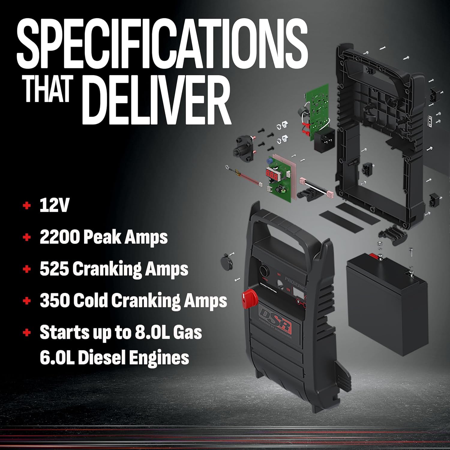 DSR Proseries Car Battery Jump Starter - 2200 Peak Amp 12V Car Starter, Jump Box & Portable Power Station - Digital Display, Heavy-Duty Clamps - DSR165