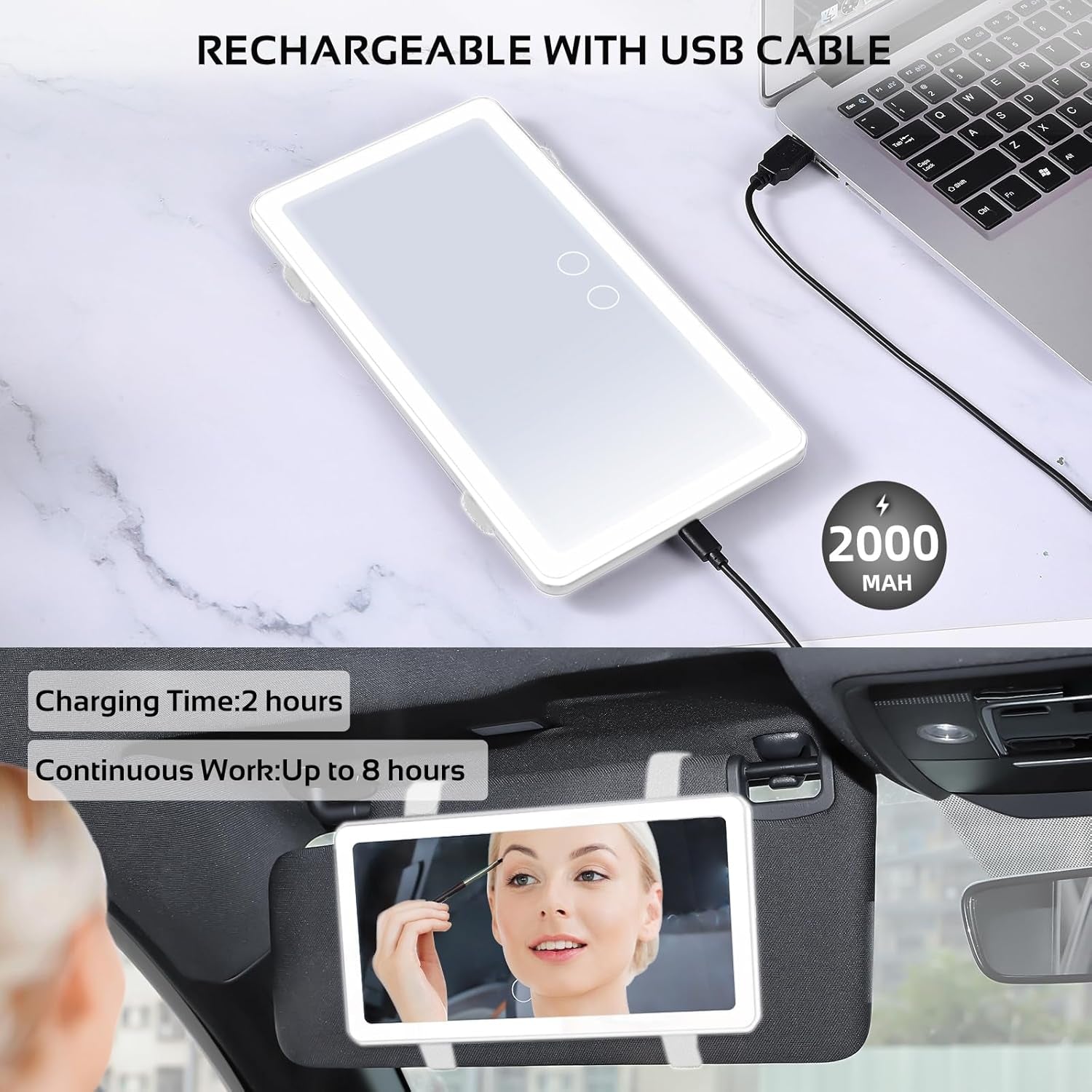 2PCS Car Sun Visor Vanity Mirror with 3 Light Modes & 80 Leds, Rechargeable LED Cosmetic Makeup Mirror Essentials for Women, Dimmable Touch Control, Universal for Car Truck SUV (Frosted White)