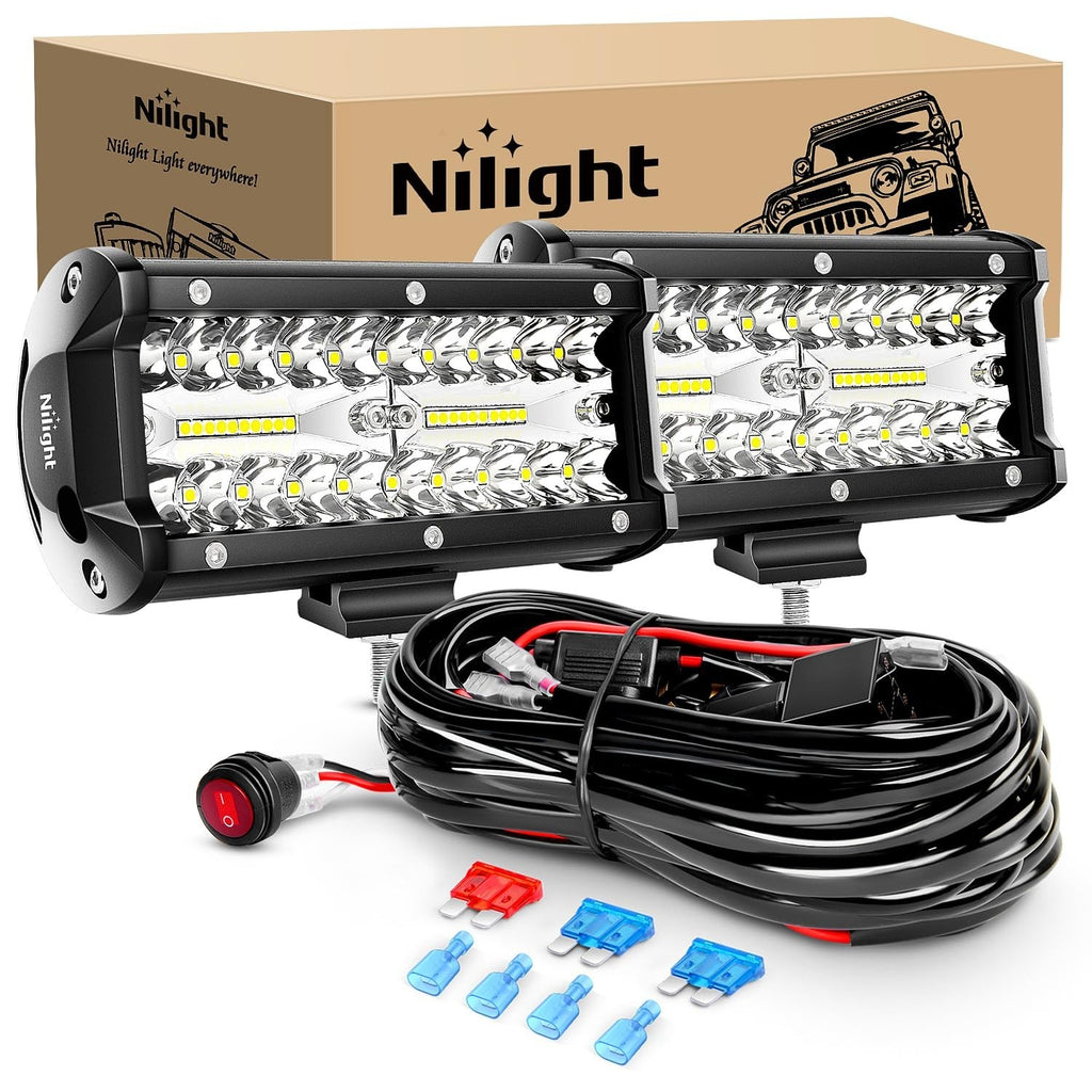 Nilight ZH303 2PCS 6.5 Inch 120W Spot & Flood Combo Driving 16AWG Wiring Harn...
