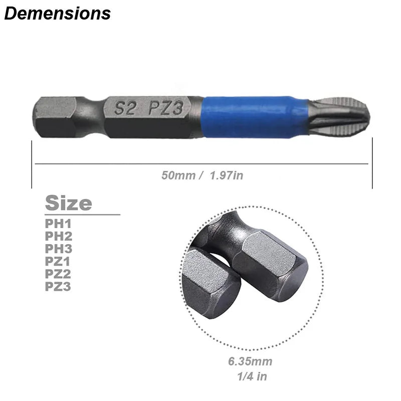 Magnetic Screwdriver Bits Set PH1 PH2 PH3 PZ1 PZ2 PZ3 Anti-Slip 1/4 Hex Shank Fit Hand Electric Drill Driver Tool Part Accessory