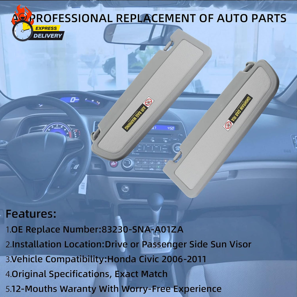 Clear Gray Pair Sun Visor Compatible with Honda Civic 2006-2011 Replaces# 83280-