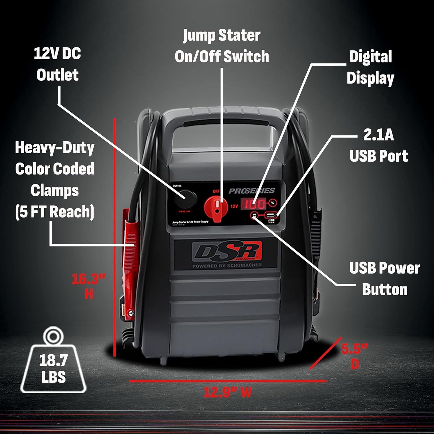 DSR Proseries Car Battery Jump Starter - 2200 Peak Amp 12V Car Starter, Jump Box & Portable Power Station - Digital Display, Heavy-Duty Clamps - DSR165