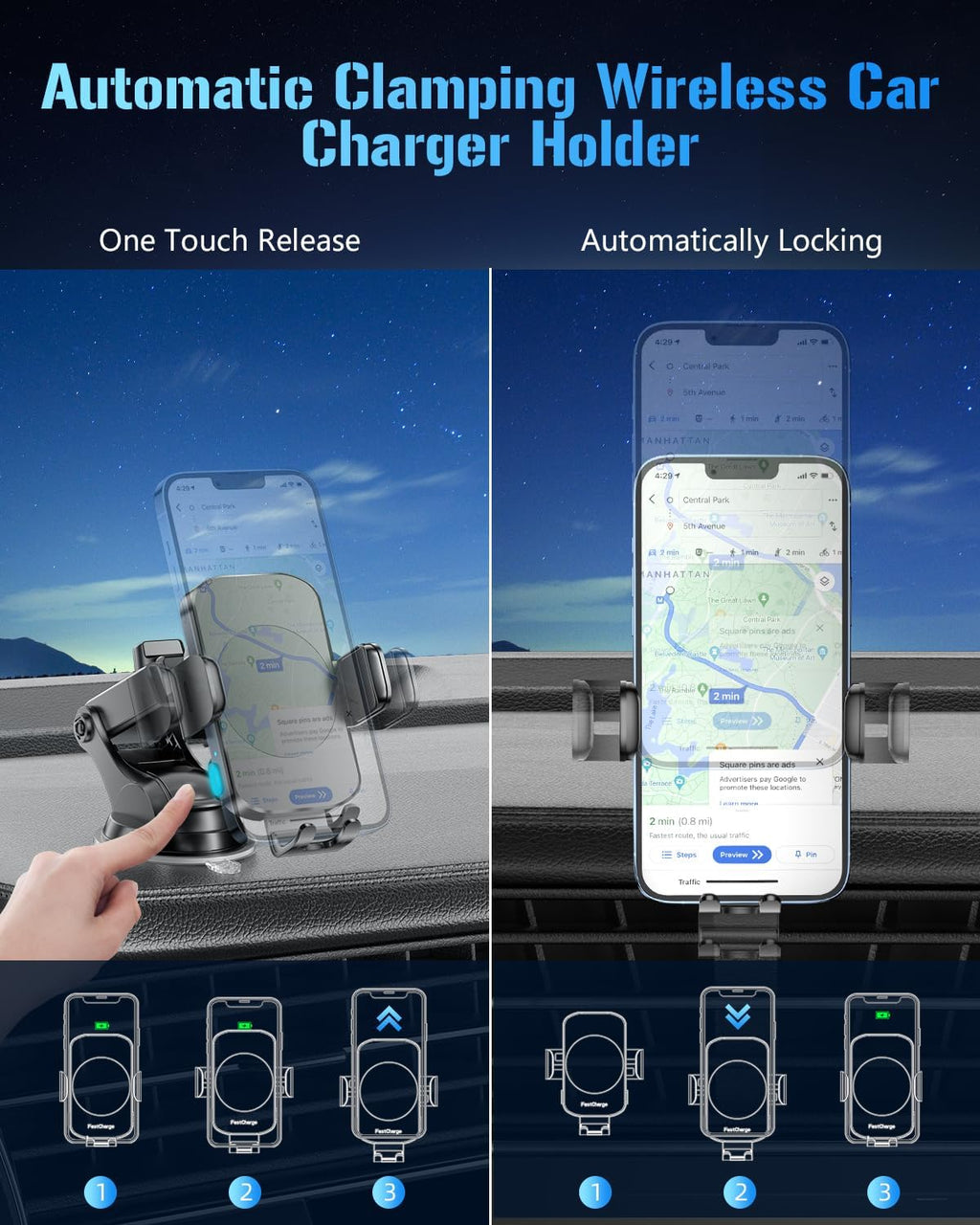 Wireless Car Charger, Fast Charging Phone Holder 3 in 1 Phone Mount Auto Clamping Car Accessories Compatible with Iphone 17 16 15 14 13 12 11 Xs XR, Samsung S23 Ultra S22 S21 S20/S10+ S9+ Note 9