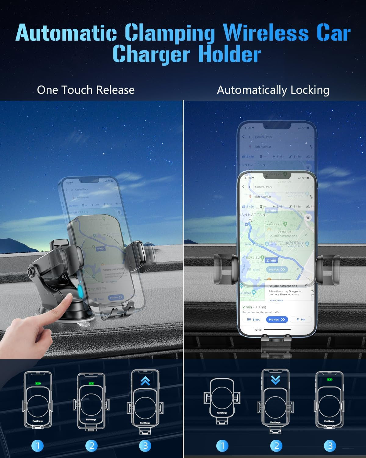 Wireless Car Charger, Fast Charging Phone Holder 3 in 1 Phone Mount Auto Clamping Car Accessories Compatible with Iphone 17 16 15 14 13 12 11 Xs XR, Samsung S23 Ultra S22 S21 S20/S10+ S9+ Note 9